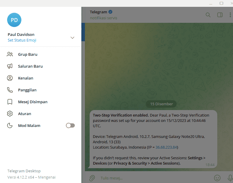 启动 Telegram 后成功登录